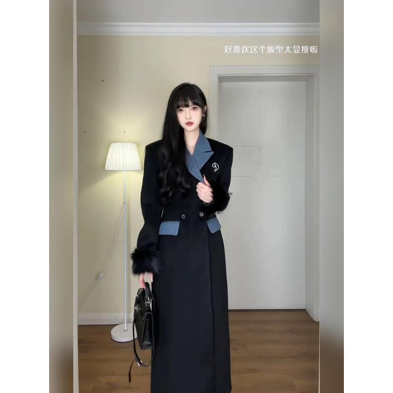 大码设计感牛仔拼接毛毛袖口收腰大衣女秋冬季高级感毛呢外套长款