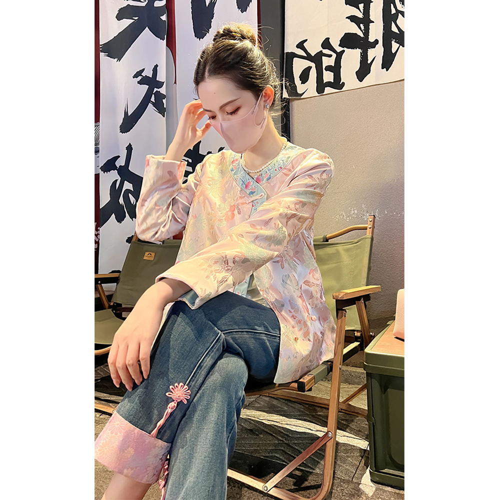 春装女2024新款搭配一整套新中式女装国风粉色盘扣衬衫上衣套装裤
