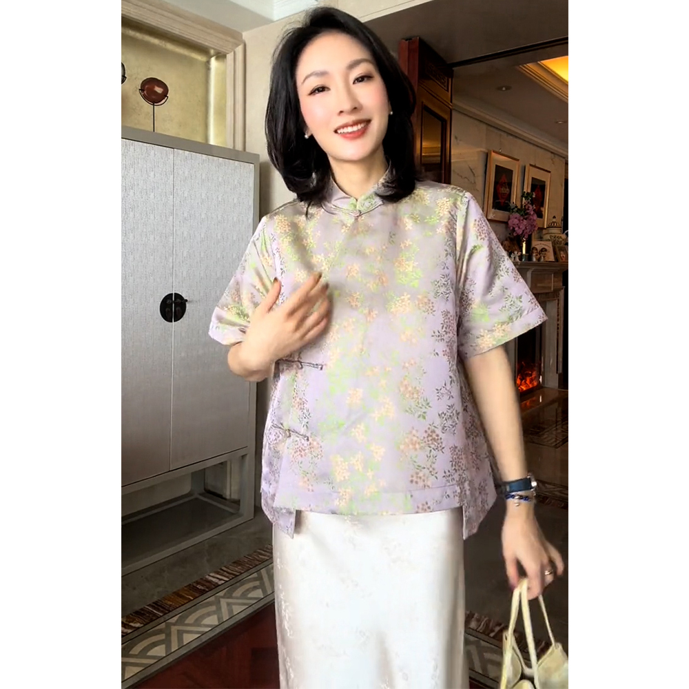新中式女装国风禅意正肩超好看紫色斜襟盘扣短袖T恤上衣女2024夏