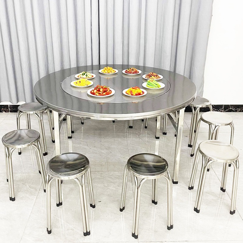 不锈钢可折叠圆桌内置转盘家用餐桌大排挡夜宵烧烤摆摊食堂加厚桌