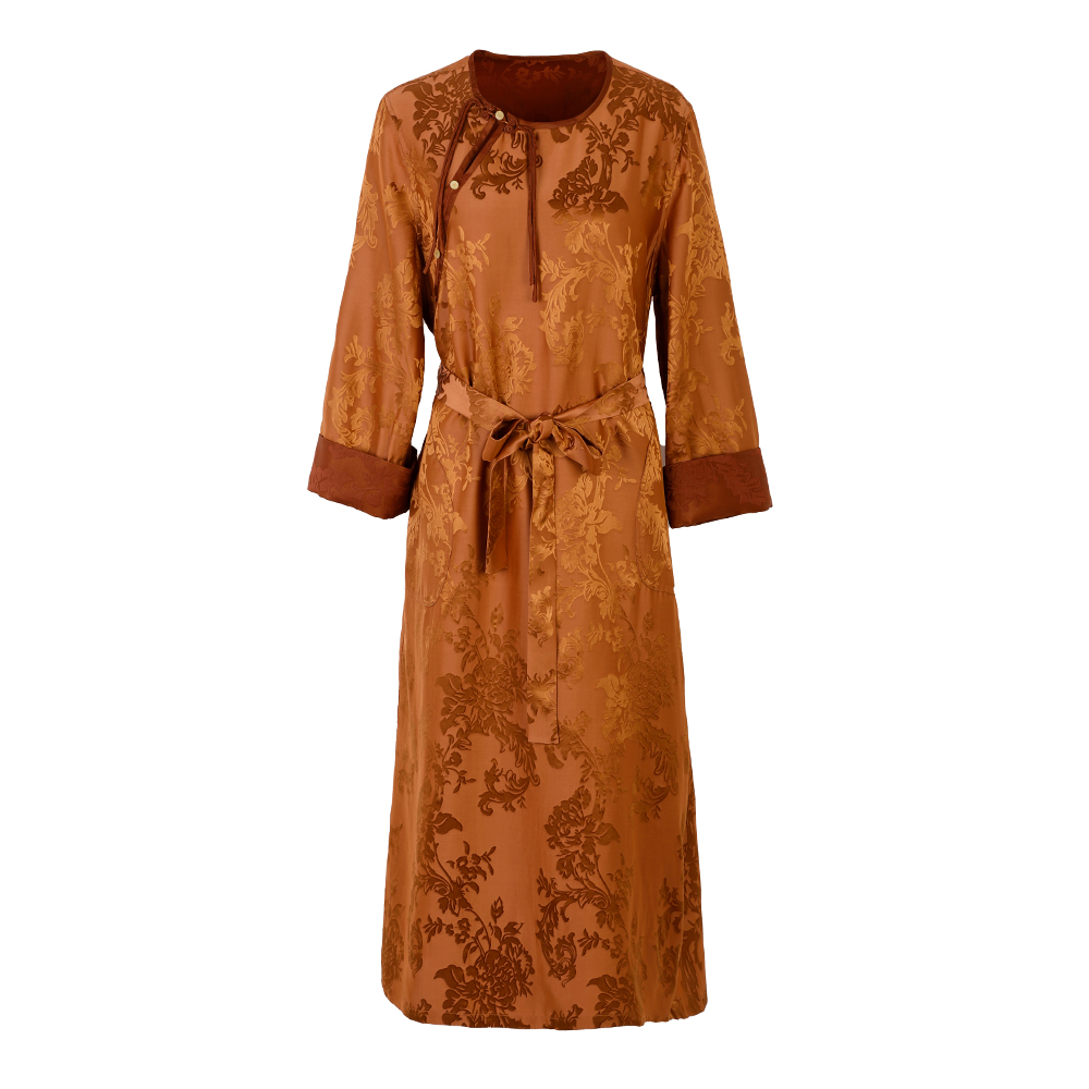 品牌新款香云纱圆领提花盘扣连衣裙333727