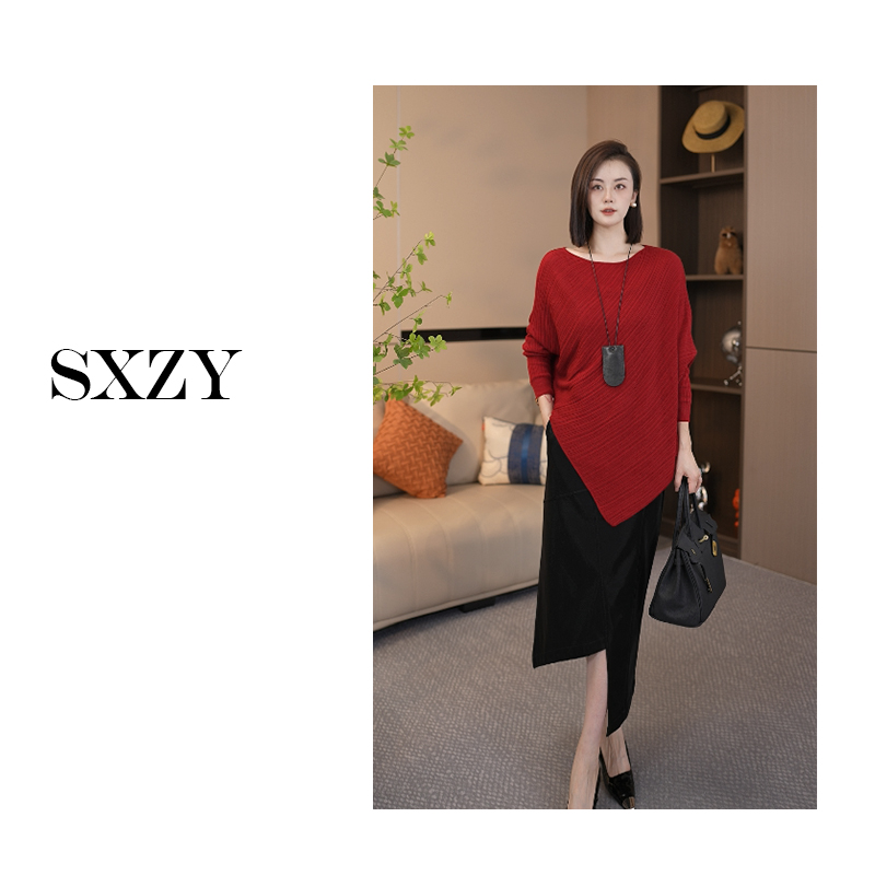 ‘SXZY’【南法假日】秋冬新款气质一字领蝙蝠袖显瘦套头长袖上衣