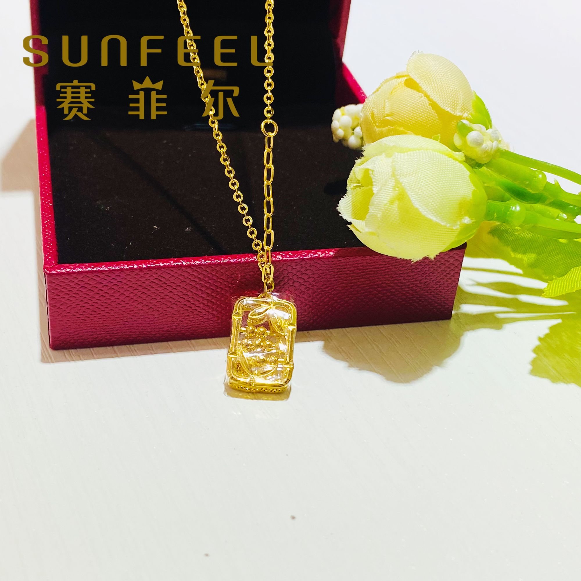 赛菲尔万足®足金黄金项链时尚个性竹报平安算盘套链送老婆送礼物