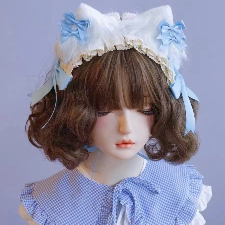 原创手工猫耳发带bnt lolita kc浅蓝色蝴蝶结蕾丝公主发带洛丽塔 
