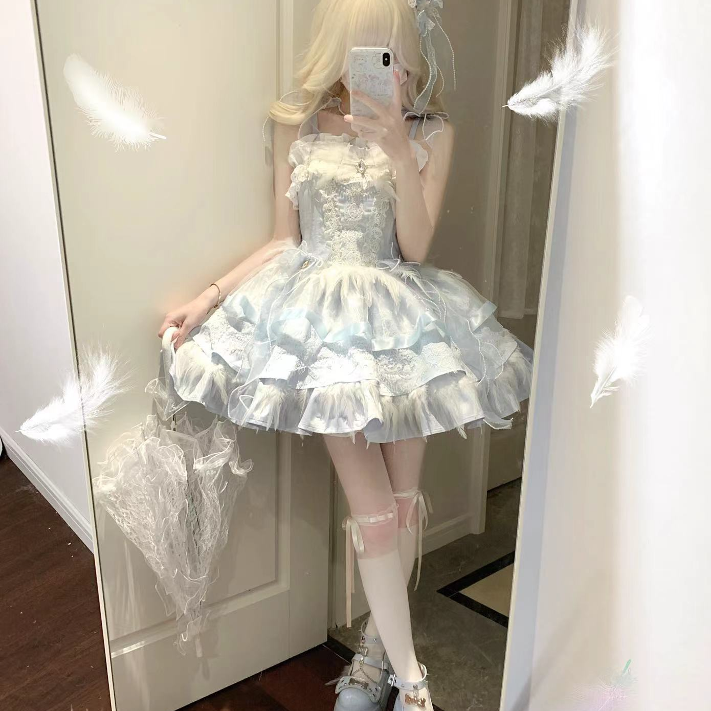 原创羽翼降临jsk 芭蕾风纯欲甜美羽毛生日小礼裙lolita连衣裙