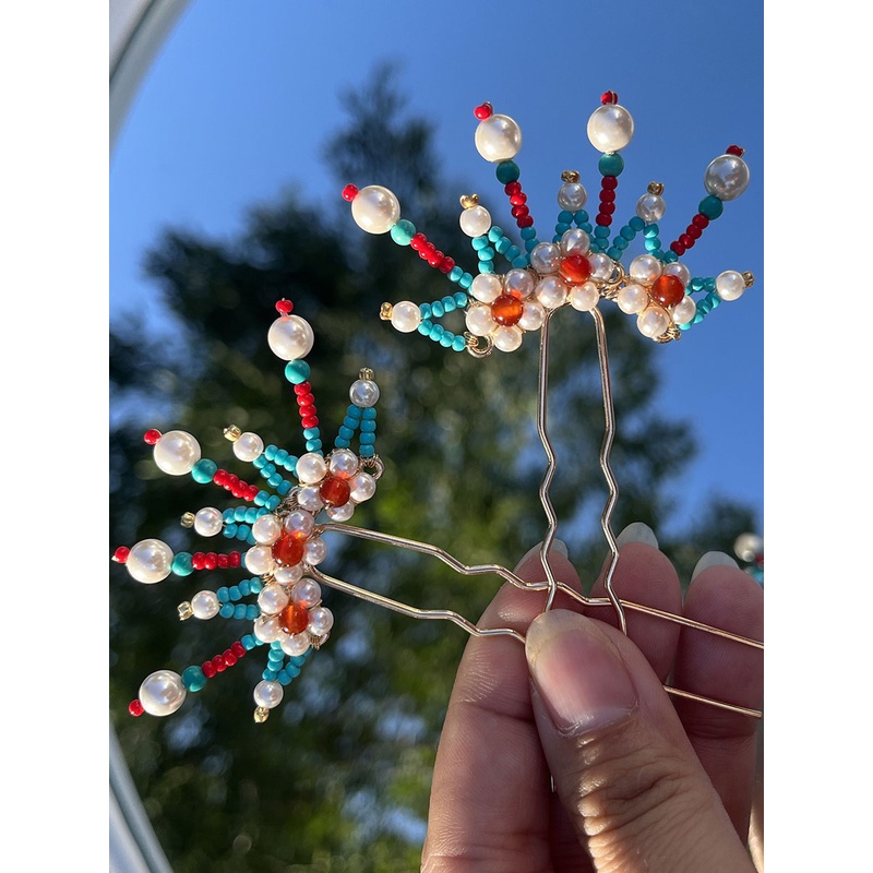 铜合金仿珍珠发饰 绛尾儿 蓝色瓷珠系列发钗 U型发簪子 汉服配饰