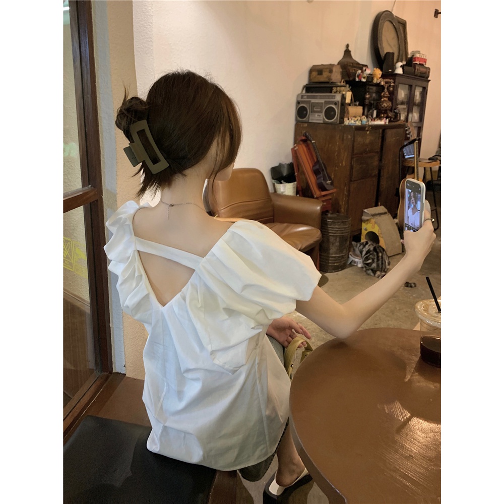 法式气质露背v领短袖t恤女2024年新款夏季设计感宽松显瘦短款上衣