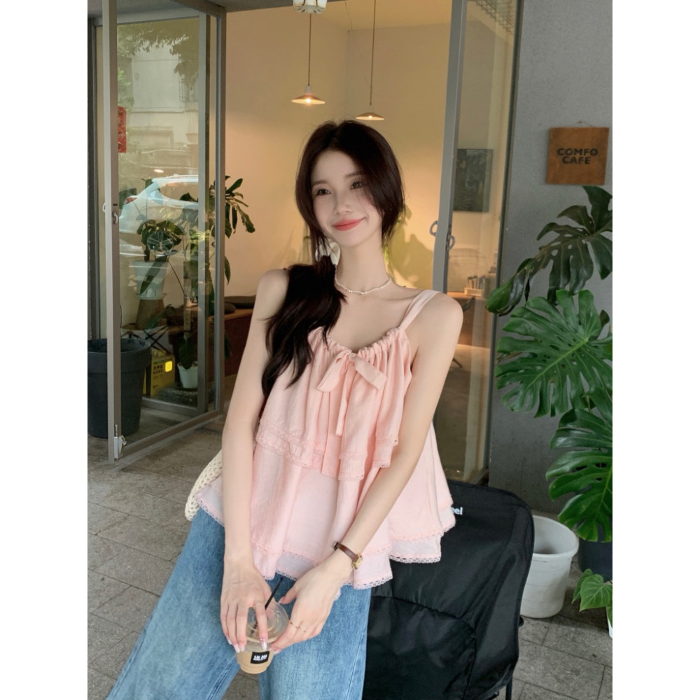 小个子纯色褶皱蝴蝶结吊带背心女装2024夏季新款宽松休闲短款上衣