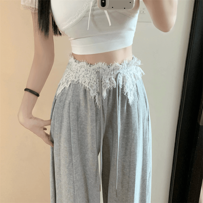 秋季拼接蕾丝高腰甜辣风灰色直筒裤卫裤休闲裤复古拖地阔腿裤女裤