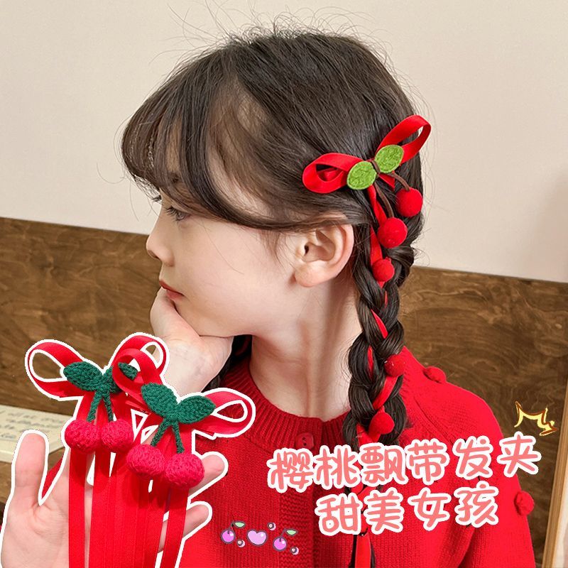 【梦蜜】儿童甜美大红格子樱桃花朵蝴蝶结编发夹喜庆红色樱桃球球丝