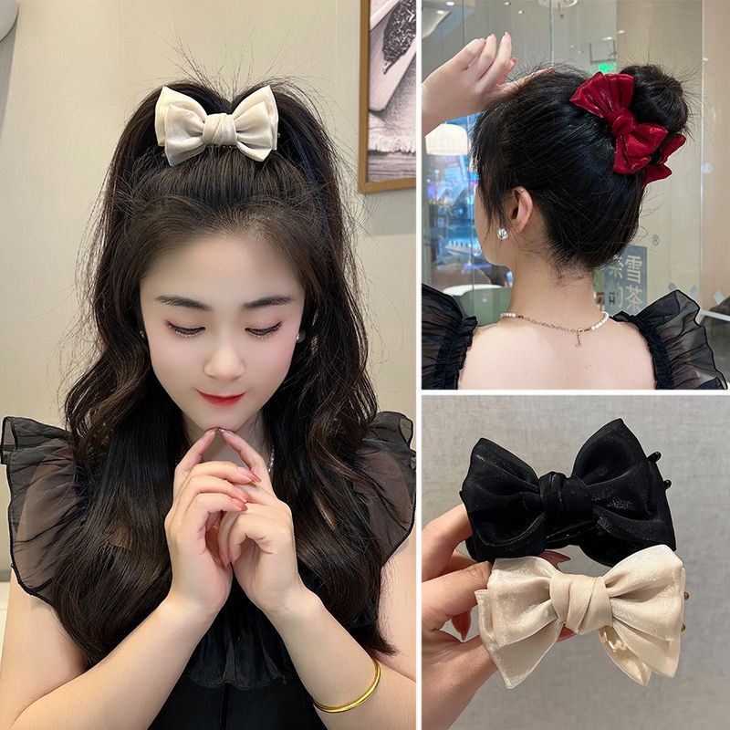 【梦蜜】布艺双面丝光蝴蝶结抓夹丸子头高马尾抓夹气质优雅缎面高