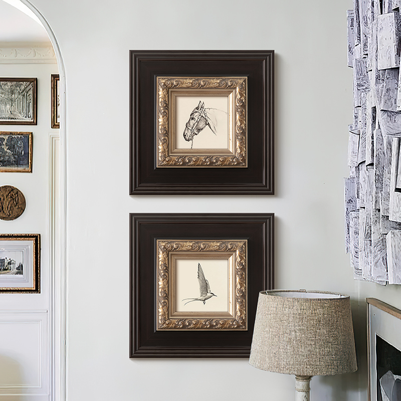 骏马飞鸟素描法式中古风客厅装饰画美式玄关走廊欧式复古艺术挂画