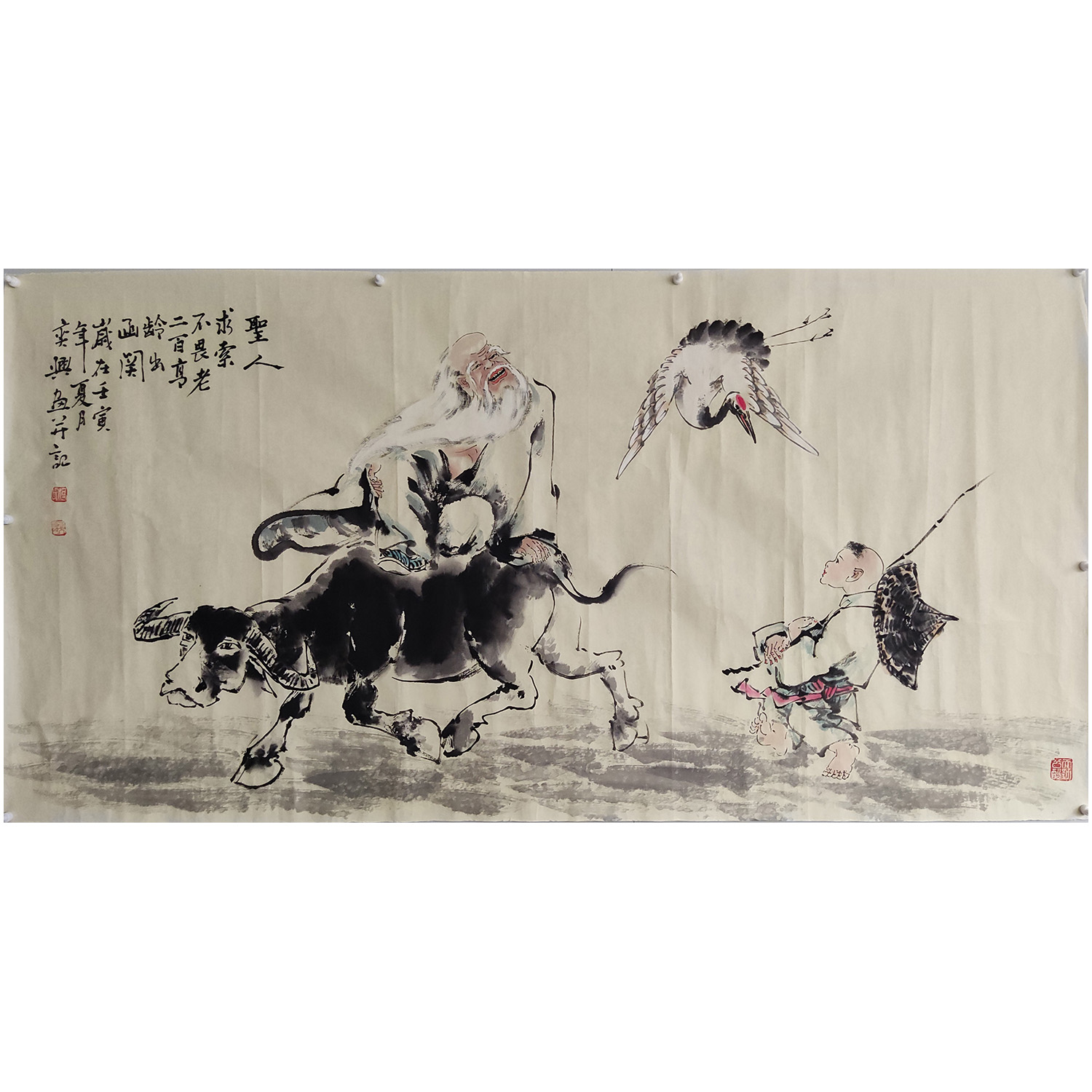何奕兴老师纯手绘国画作品老子出关五牛图牧牛图骆驼四尺138X69cm