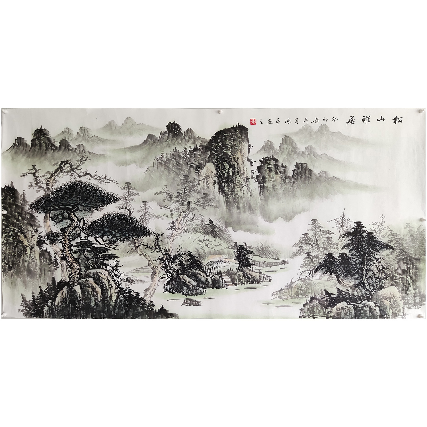 陈平老师纯手绘国画作品写意淡雅山水青绿四尺整张138X69cm