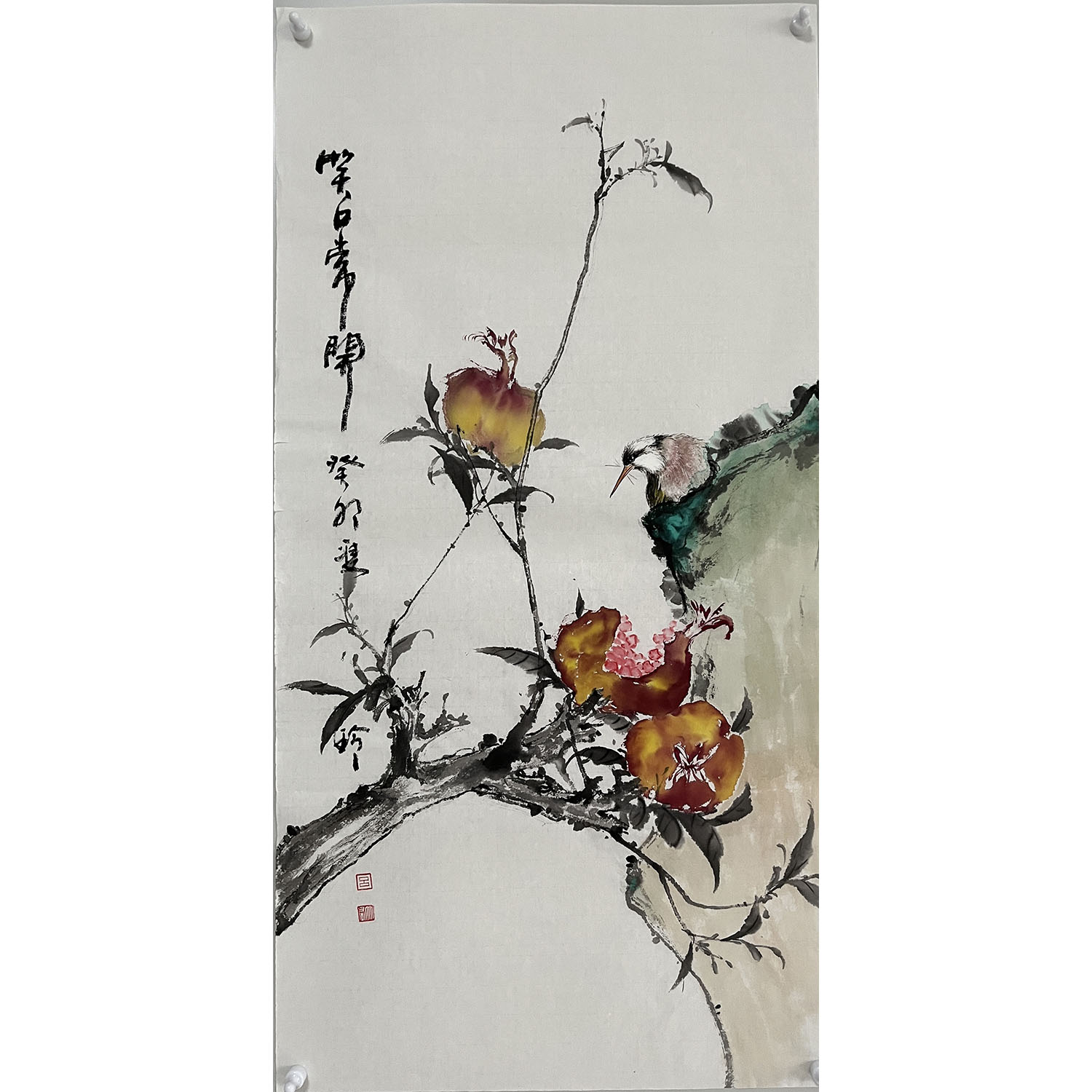 吕双玲老师纯手绘国画作品写意花鸟精品石榴柿子紫藤竹子70X35cm