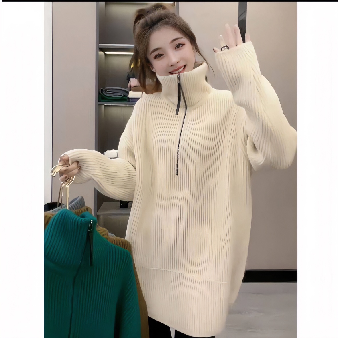 【高质】温柔穿搭高领拉链加厚软糯毛绒毛衣秋冬新款中长款慵懒上