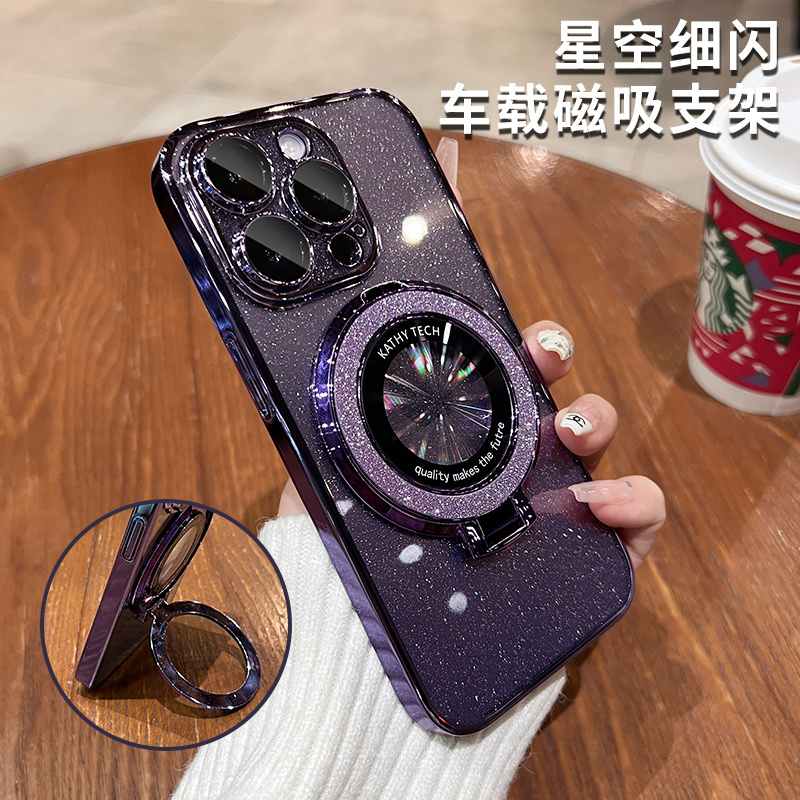 适用苹果15promax手机壳iPhone14透明闪粉13磁吸支架12带镜头膜13