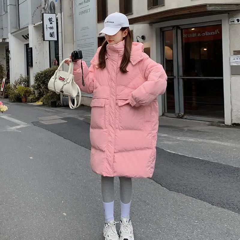 粉色羽绒服女中长款2023冬季新款韩系温柔甜美连帽加厚白鸭绒外套