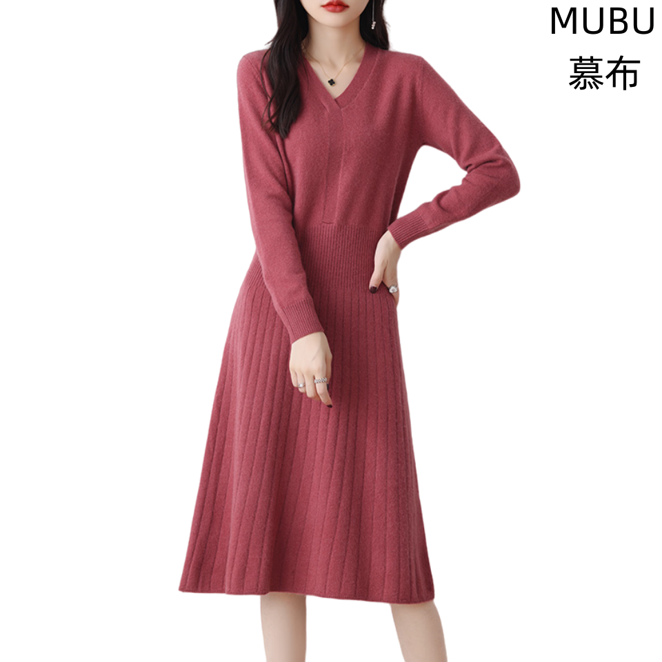 MUBU/慕布秋冬新品羊毛针织连衣裙V领中长款收腰a字打底裙时尚