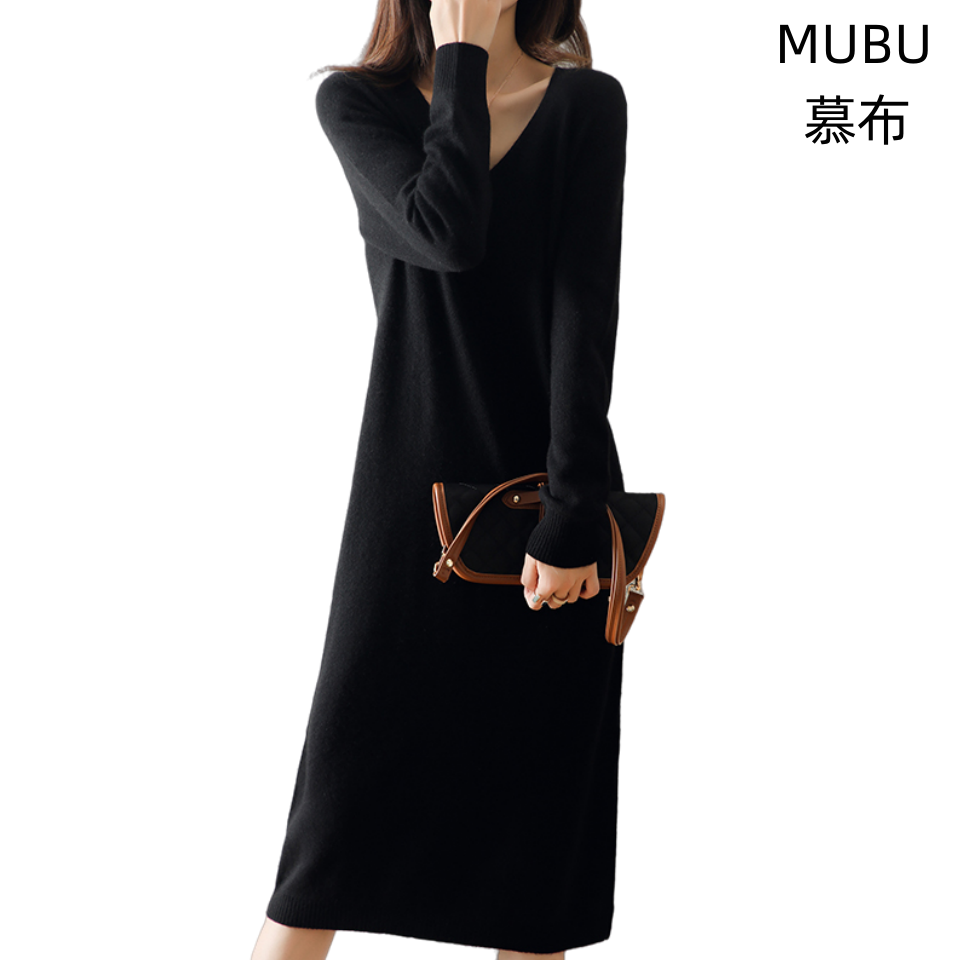 MUBU/慕布秋冬新款100%纯羊毛衫女纯色长款连衣裙V领打底裙时尚款