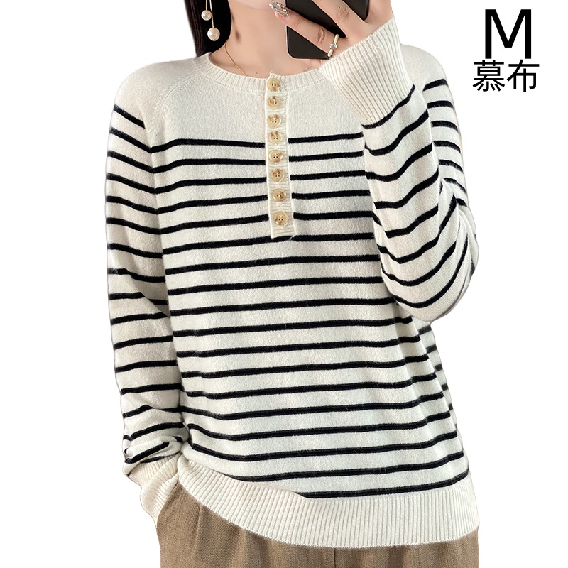 MUBU/慕布秋冬新款羊毛针织女条纹长袖休闲慵懒时尚百搭宽松