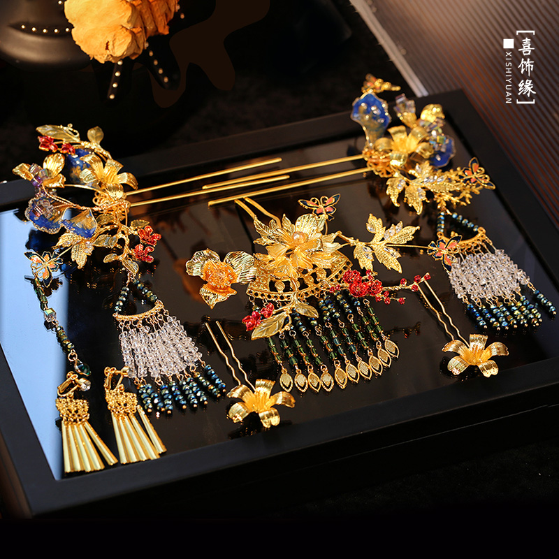 中式龙凤褂高级头饰金蓝撞色复古重工水晶发簪新娘秀禾发饰HZ1017