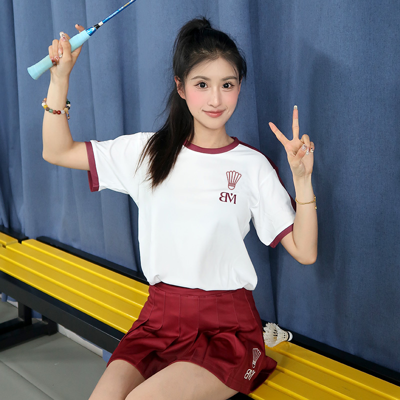 羽毛球服女运动上衣高质量休闲BM时创魔羽酒红条纹速干透气T恤
