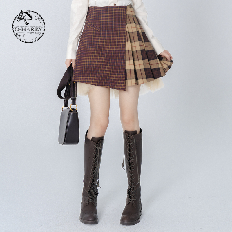 【双12】迪哈利拼接网纱格子半裙女百褶裙子DH223M95379D