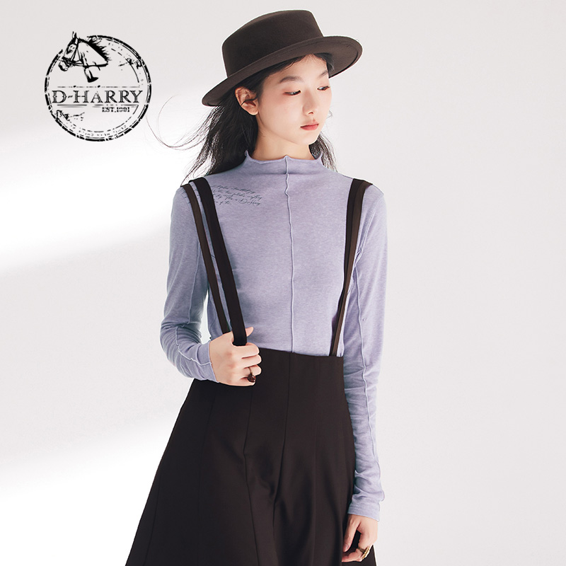 D-HARRY/迪哈利春季新款紫色字母印花T恤打底衫DH241B96900D