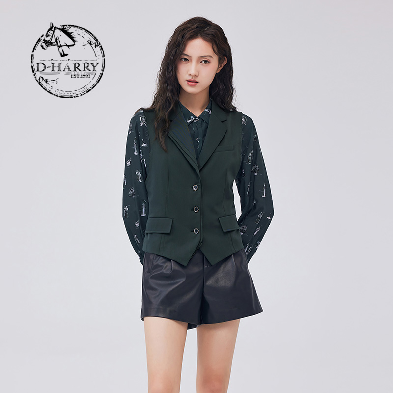 D-HARRY/迪哈利复古优雅百搭V领深绿马甲DH233Q96323D