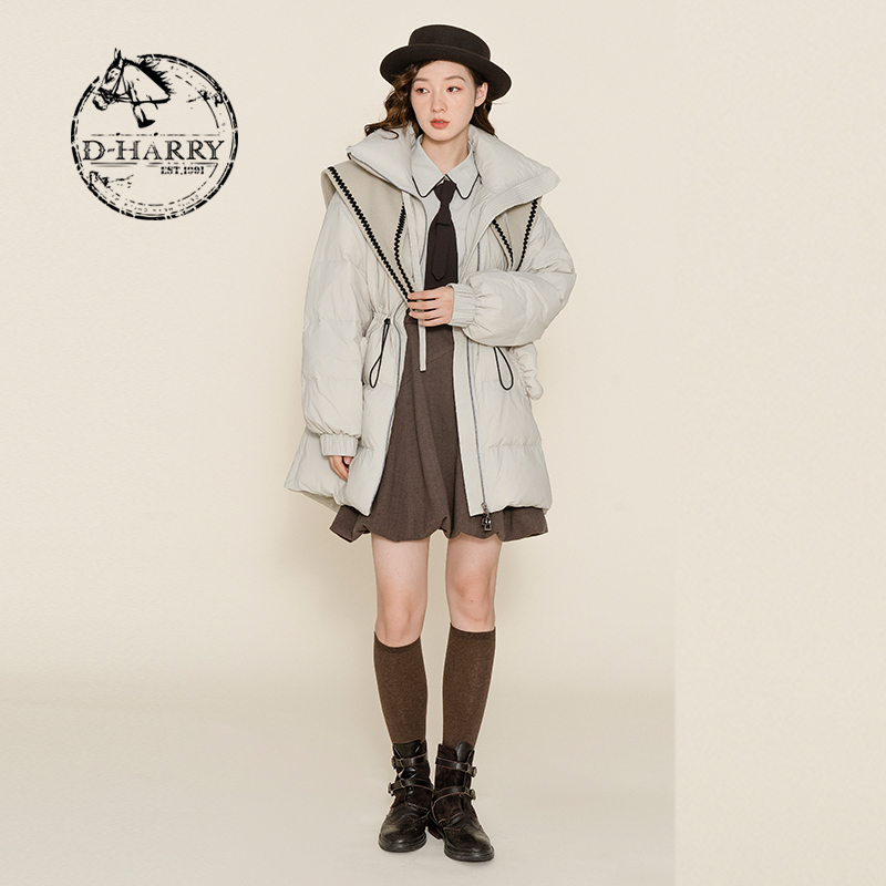 D-HARRY/迪哈利冬季荷叶边高领拉链外套女中长款大衣DH224G95757D