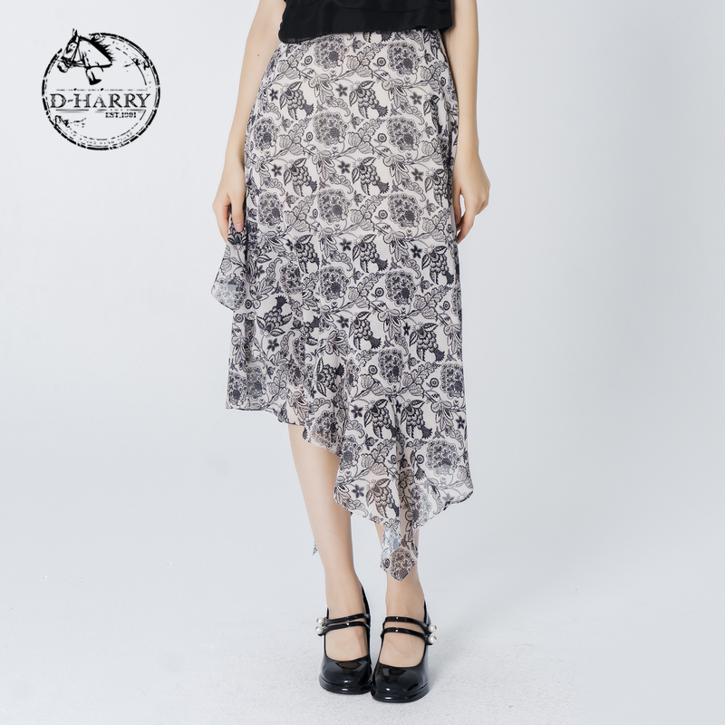 【双12】迪哈利气质复古花纹不规则边半身裙DH223M95525D