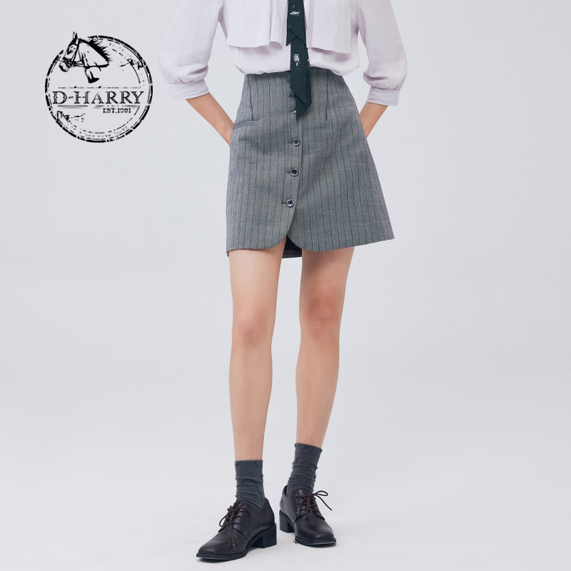 D-HARRY/迪哈利秋新款时尚百搭A字灰色条纹短裙DH233M96326D