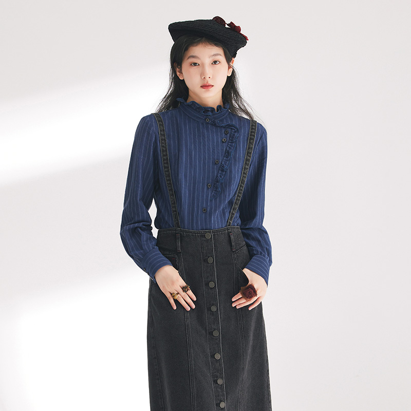 D-HARRY/迪哈利春季新款复古深蓝色条纹长袖衬衫DH241D96878D