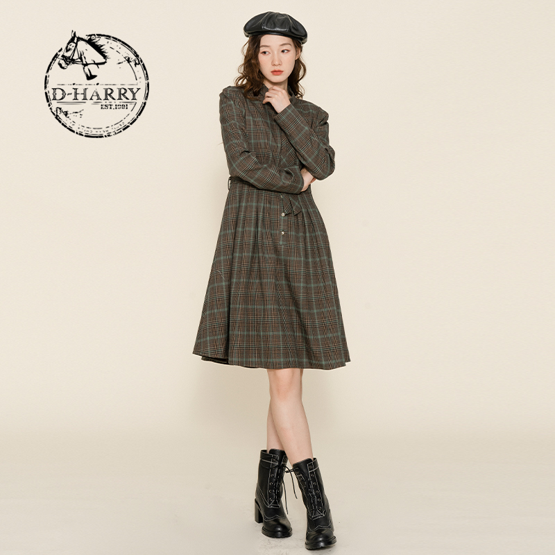 D-HARRY/迪哈利复古绿格纹飘带连衣裙女中长款淑女裙DH224J95736D