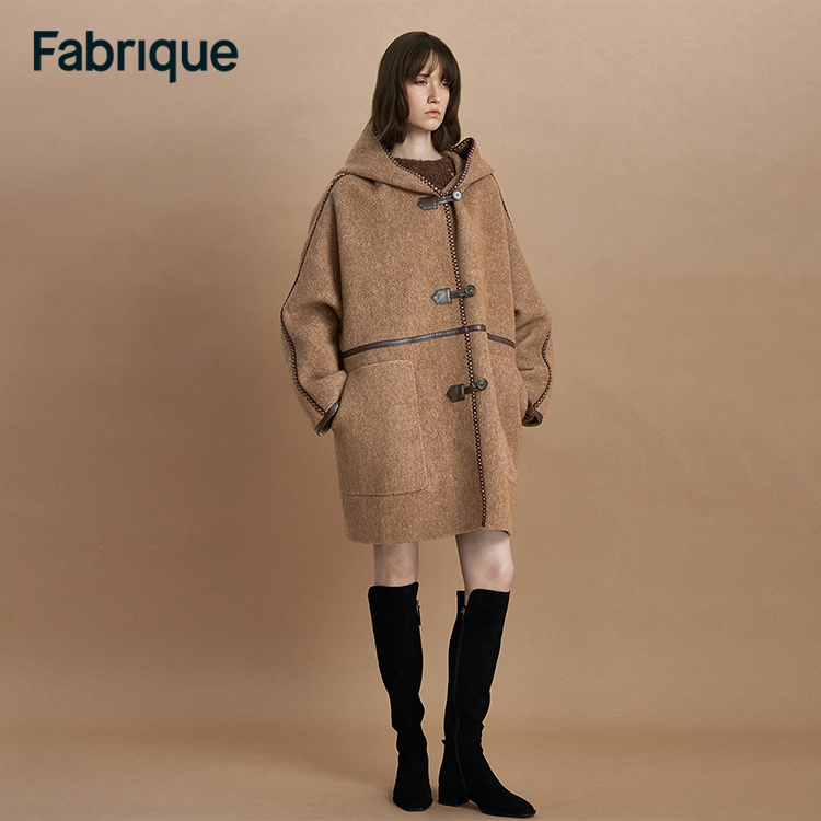 Fabrique【英式红茶】秋冬驼色羊驼毛刺绣连帽宽松中长款毛呢大衣女