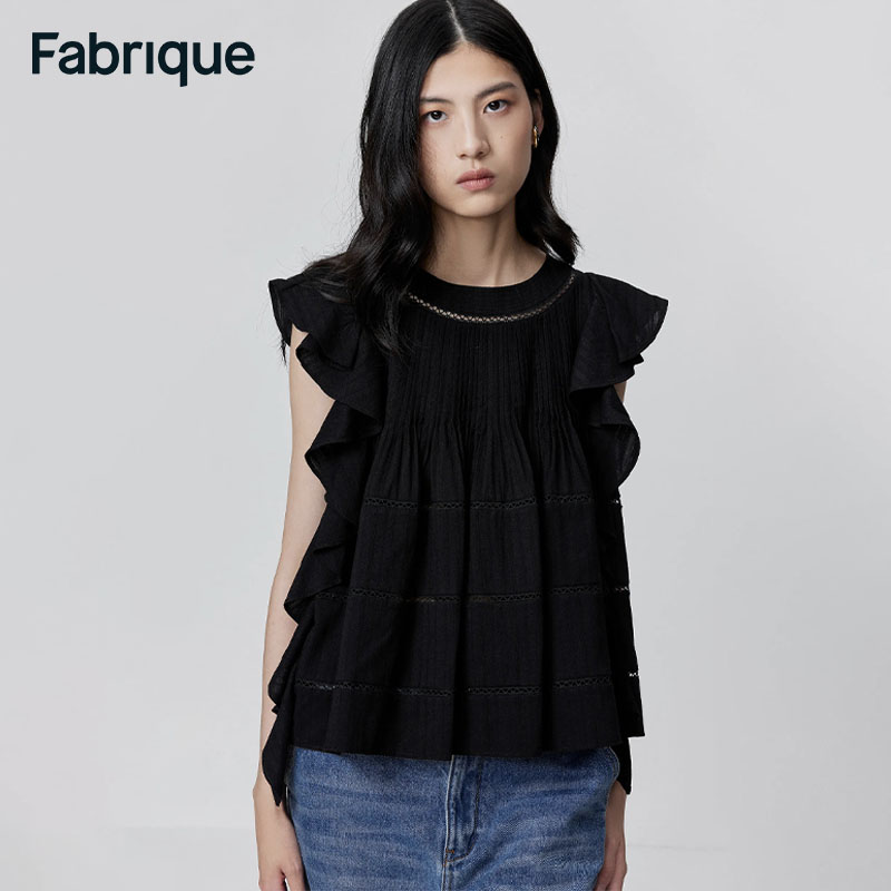【Fabrique】黑色荷叶边无袖塔克褶上衣2024春季新款圆领设计感上衣