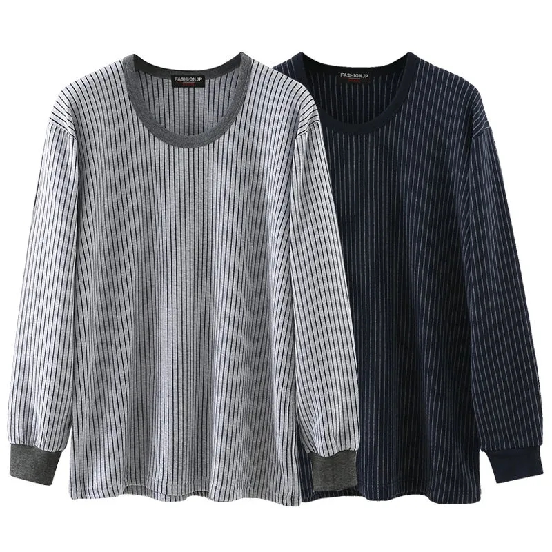 中老年男加肥加大码肥佬宽松版条纹圆低领单件加厚款秋衣线衣保暖