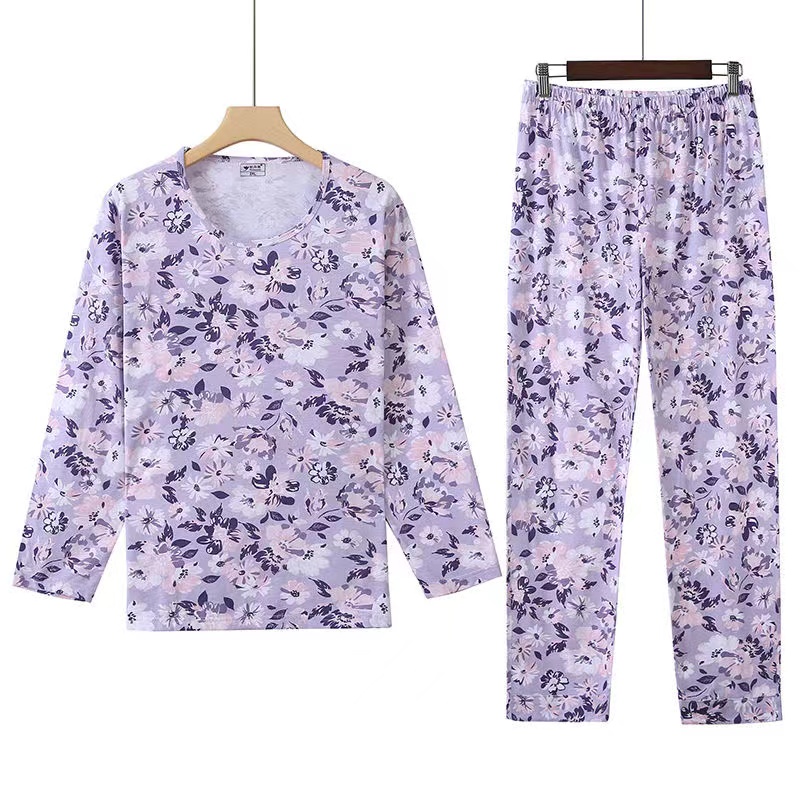 中老年女士大码春秋新款棉长袖睡衣睡裤套装薄款纯宽松印花加肥全