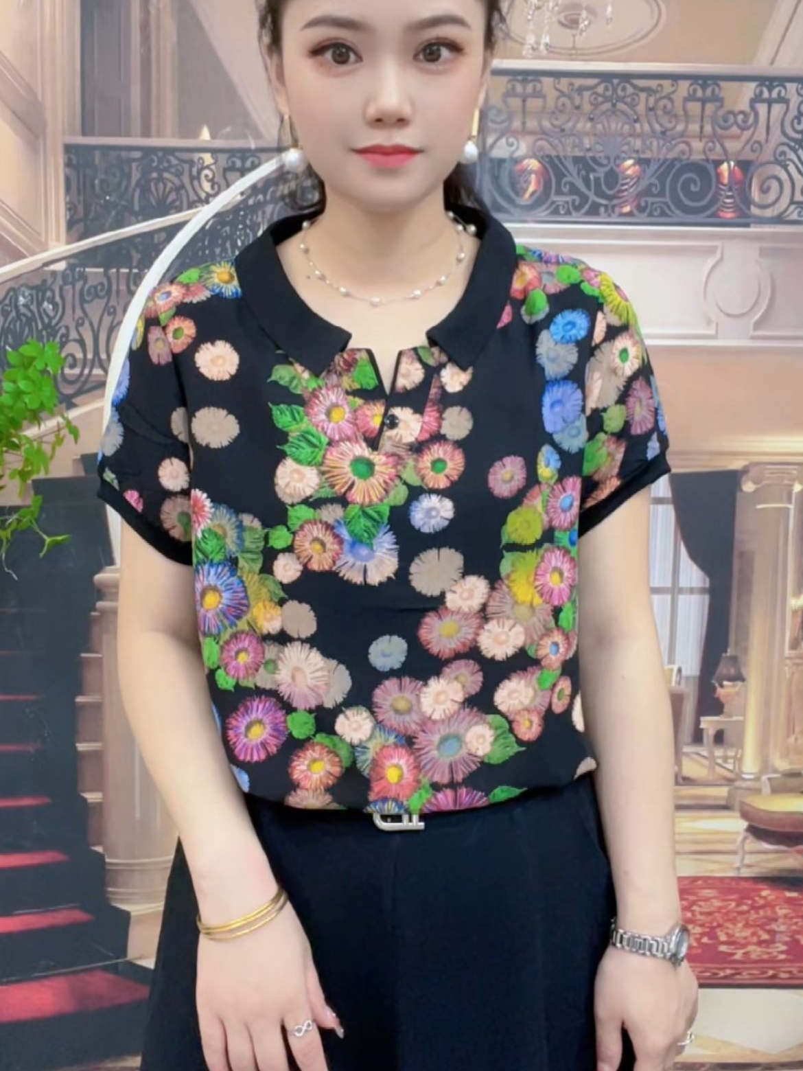 新中式新款时尚洋气休闲百搭翻领夏季短袖妈妈装薄款减龄短袖上衣