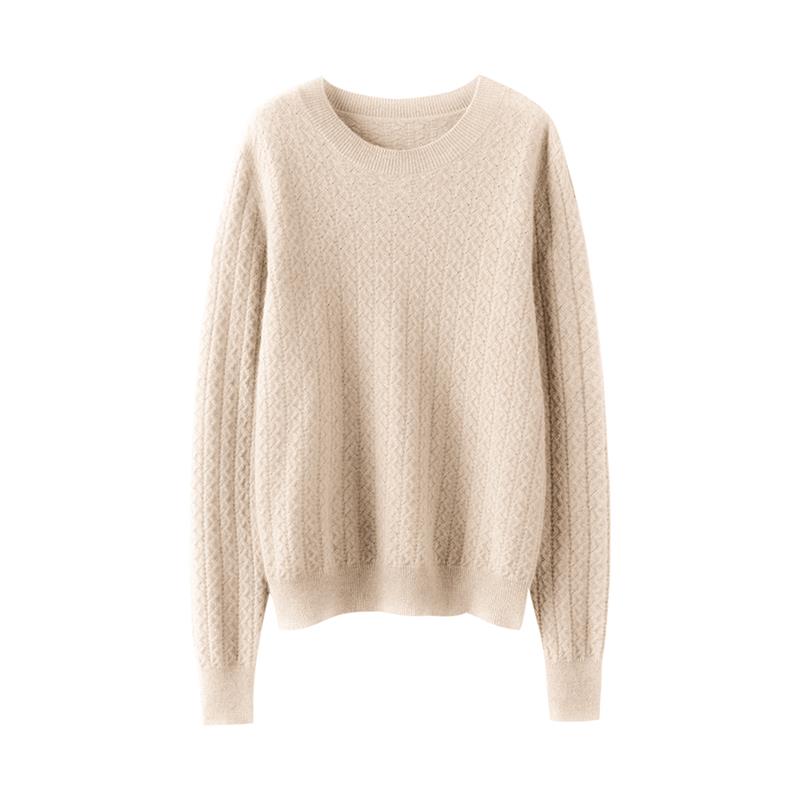 秋季圆领羊绒衫女100纯山羊绒套头绞花针织长袖厚款简约打底毛衣