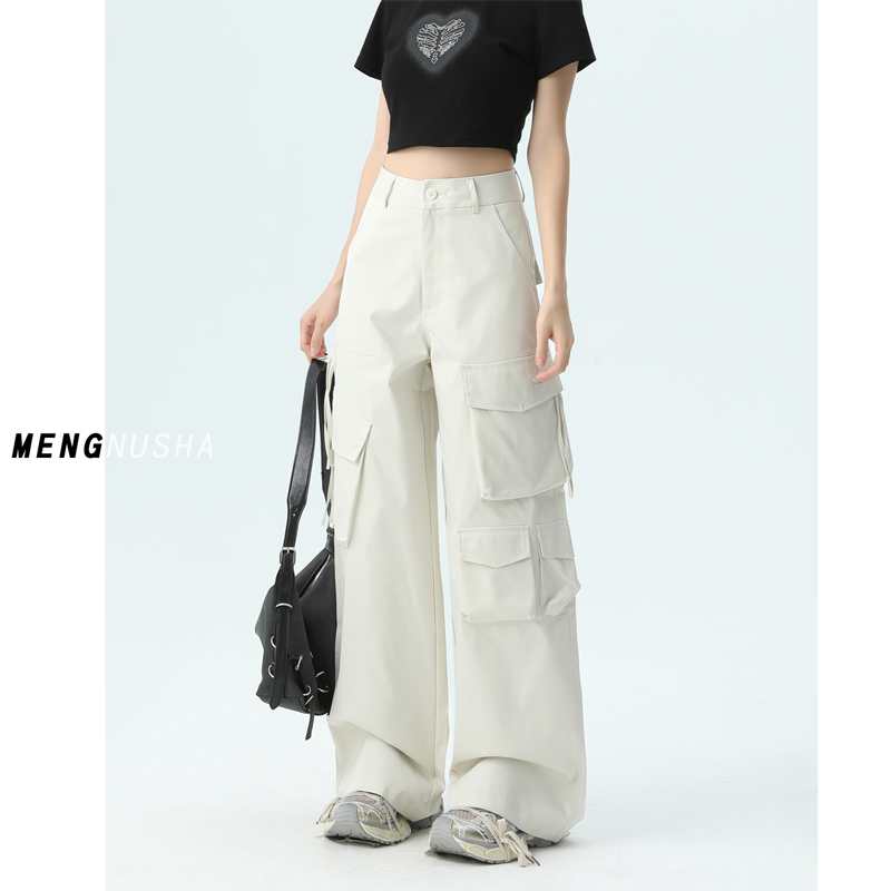 冰丝美式街头多口袋工装裤女高腰新款2024夏季阔腿宽松褶皱直筒裤