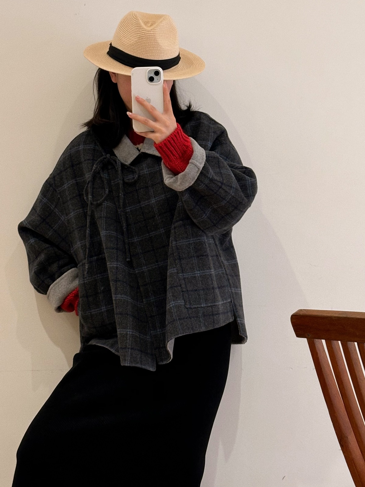 【杭州S姐精品女装】系带短款双面呢大衣女复古格子毛呢外套16052