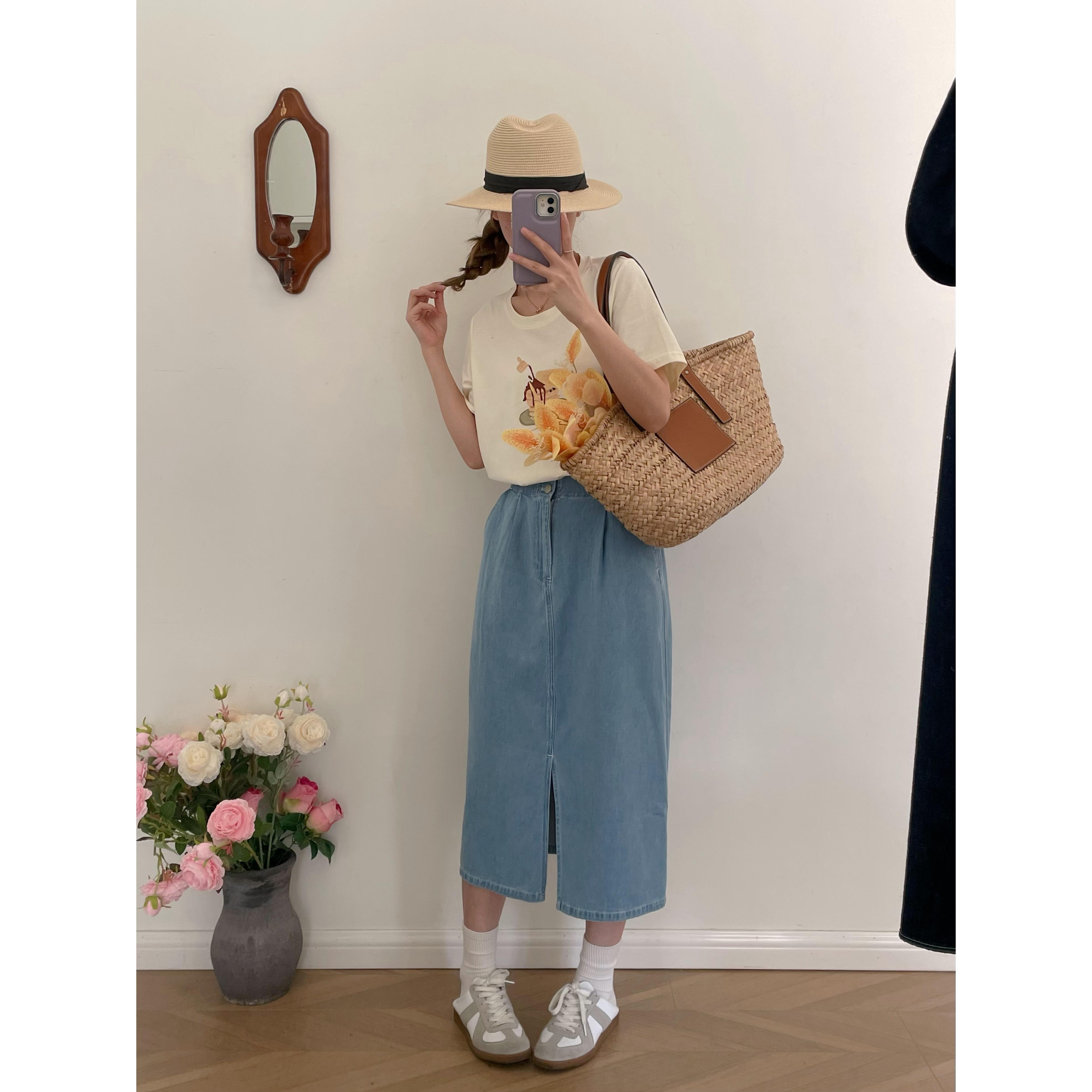 【杭州S姐 精品女装】高腰开叉牛仔半身裙a字包臀小个子长裙03029