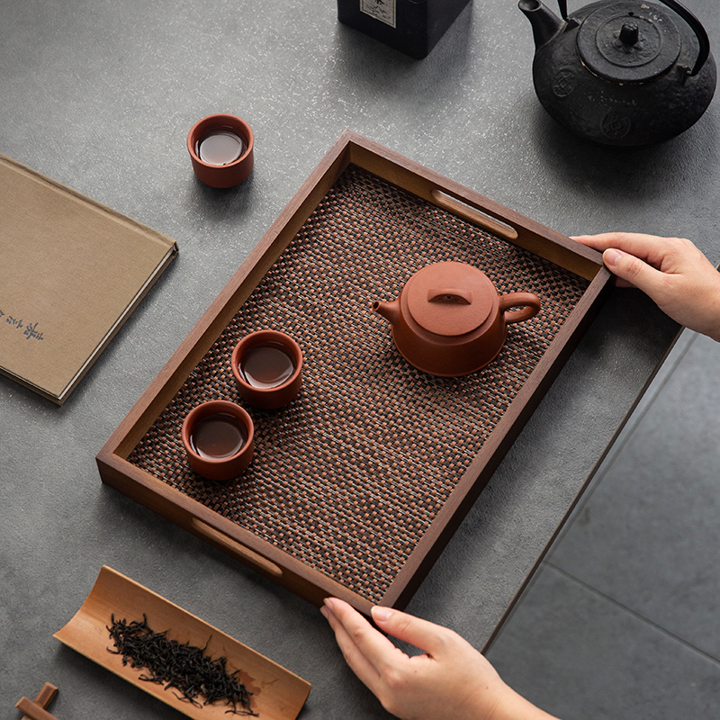 胡桃色竹木茶盘长方形精致家用茶杯托沥水干泡台茶具茶托盘