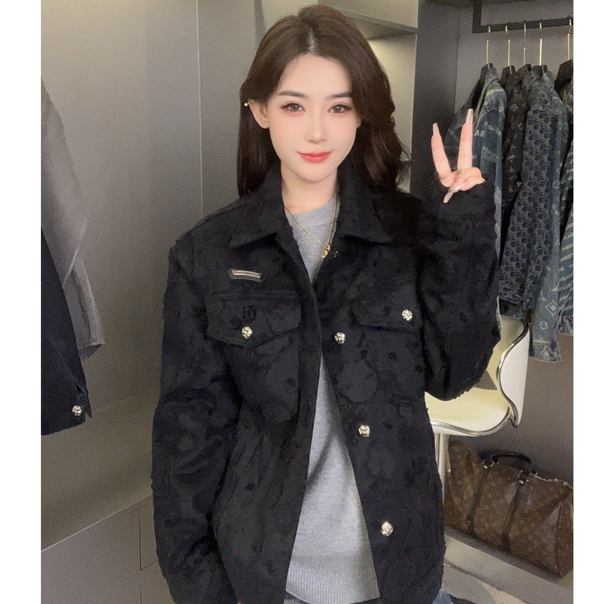 【萌萌专属】2024秋季新款百搭时尚潮流黑色牛仔外套1061