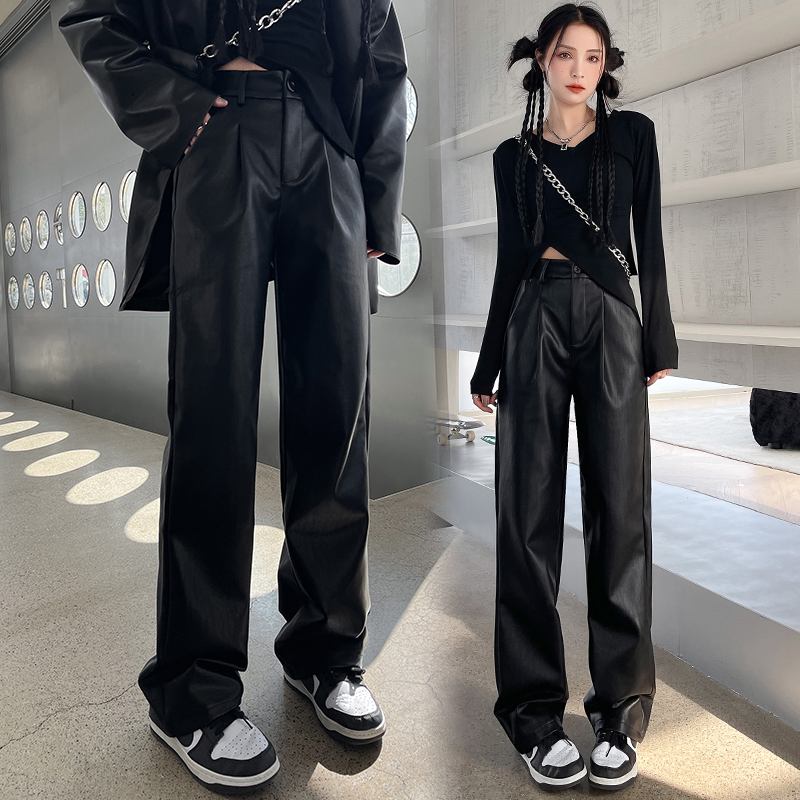 最迟2月22日发货秋冬加绒PU皮裤休闲宽松直筒长腿裤高腰窄版阔腿