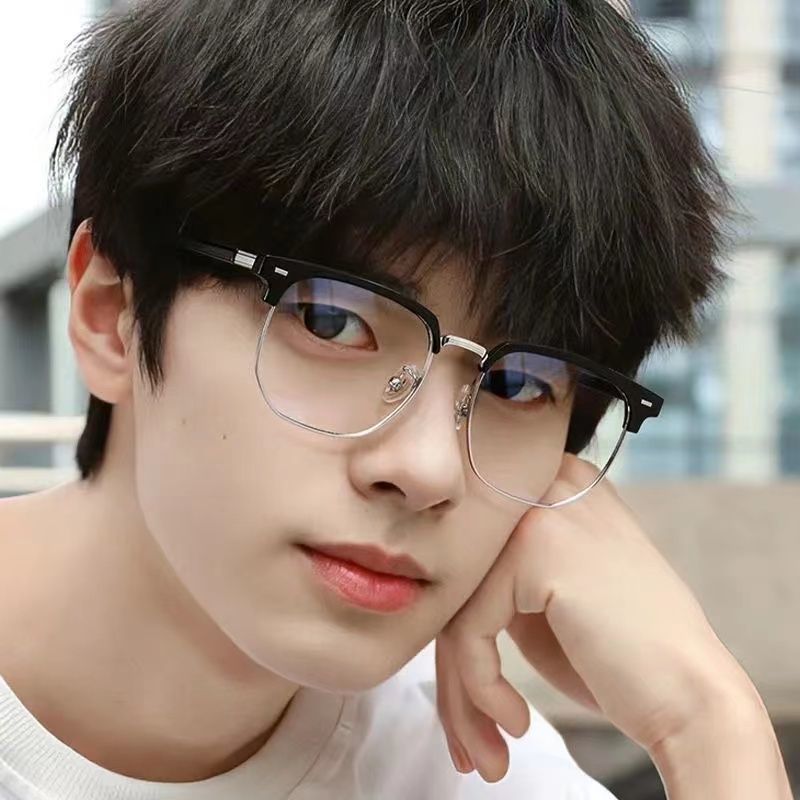 半框近视眼镜理工男复古黑防蓝光斯文商务痞帅平光护眼睛无度数女