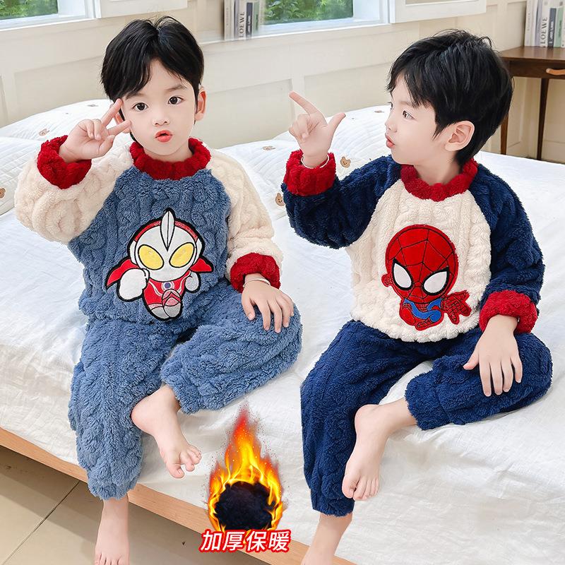 奥特曼儿童睡衣珊瑚绒秋冬季加厚保暖蜘蛛侠家居服男童法兰绒套装