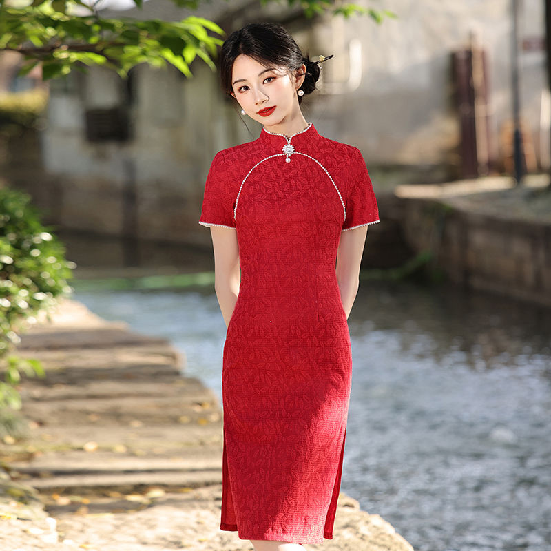 旗开得胜高考送考红色旗袍女夏季中长款蕾丝中国风年轻敬酒服旗袍